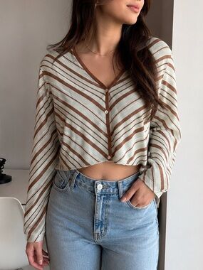 Zara Cream & Brown Striped Cropped Button-Front Top